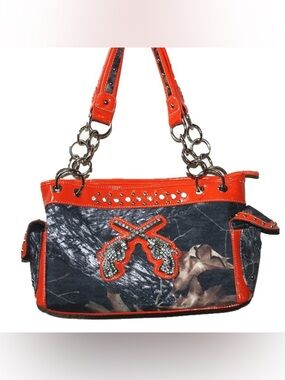 Orange Accent Camouflage Tote Handbag with Rhinestone Gun Motif